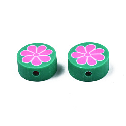Sea Green Handmade Polymer Clay Beads, Flat Round with Flower, Sea Green, 9~10x4~4.5mm, Hole: 1.2~1.8mm