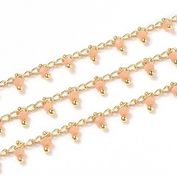 Light Salmon Handmade Glass Beaded Chains, with Brass Eye Pins, Golden, Soldered, Round, Faceted, with Spool, Light Salmon, 2.5x2x0.4mm, Beads: 3x2mm, about 32.8 Feet(10m)/roll