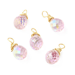 Pink Rack Plating Brass with Glass Pendant, Cadmium Free & Lead Free, Long-Lasting Plated, Faceted Round Charms, Pink, 16~17x7.5mm, Hole: 3mm