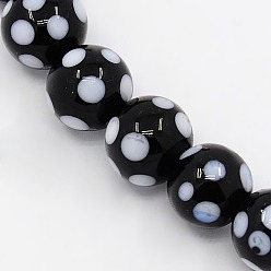 Black Handmade Lampwork Round Beads Strands, polka-dotted, Black, 10mm, Hole: 1mm, about 30pcs/strand, 11.02 inch