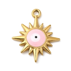 Perlas de Color Rosa Colgantes de acero inoxidable 18 chapados en oro real 304k, con esmalte, encanto sol con mal de ojo, rosa perla, 21x18x3 mm, agujero: 1.6 mm
