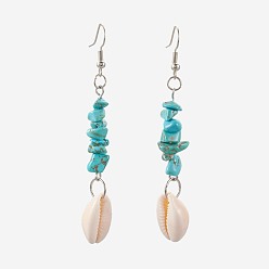 Synthetic Turquoise Chip Synthetic Turquoise Dangle Earrings, with Cowrie Shell and Brass Earring Hooks, Platinum, 74~76.5mm, Pin: 1mm