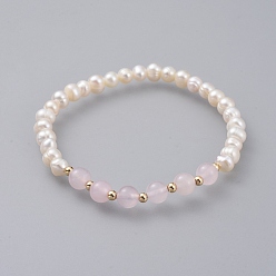 Rose Quartz Stretch Bracelets, with Natural Freshwater Pearl Beads, Natural Rose Quartz Beads and Real 18K Gold Plated Brass Beads, 2-1/4 inch(5.85cm)