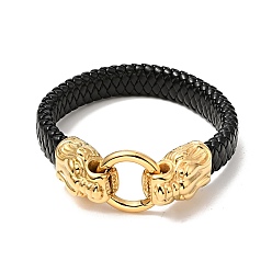 Golden PU Imitation Leather Braided Cord Bracelet, 304 Stainless Steel Tiger Clasp Gothic Bracelet for Men Women, Golden, 8-3/4 inch(22.3cm)