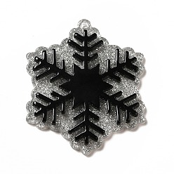 Noir Pendentifs acryliques, avec de la poudre de paillettes, charme de flocon de neige, noir, 45x38x4mm, Trou: 1.4mm