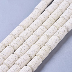 Blanc Brins de perles de pierre de lave naturelle, teint, colonne, blanc, 14~15x8mm