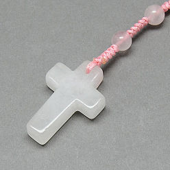 Rose Quartz Natural Rose Quartz Pendant Necklaces, with Polyester Braided Rope, Cross, (730~750mm)28.74 inch~29.53 inch