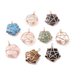 Mixed Stone Natural & Synthetic Pendants, with Rose Gold Tone Copper Wire Wrapped, Cadmium Free & Lead Free, Mixed Dyed and Undyed, Star, 37~41x29~31x9~11mm, Hole: 4.5~6mm