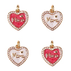 Mixed Color 4Pcs 2 Colors Mother's Day Theme Real 18K Gold Plated Brass Micro Pave Clear Cubic Zirconia Enamel Charms, Long-Lasting Plated, with Jump Rings, Heart with Word MaMa, Mixed Color, 14.5x14.5x2mm, Hole: 3mm, 2pcs/color