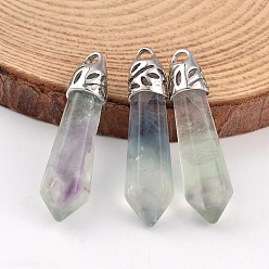 Fluorite Bullet Natural Fluorite Pendants, with Platinum Tone Alloy Findings, 33~40x8~10mm, Hole: 3x2mm