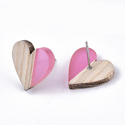 Pearl Pink Transparent Resin & Wood Stud Earrings, with 304 Stainless Steel Pin, Heart, Pearl Pink, 15x14~15mm, Pin: 0.7mm