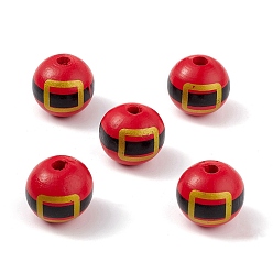 Rouge Perles européennes en bois naturel imprimées, perle avec trou grande, rond avec motif de ceinture de noël, rouge, 19mm, Trou: 4mm