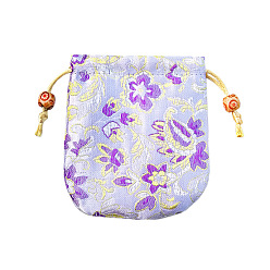 Lavender Chinese Style Flower Pattern Satin Jewelry Packing Pouches, Drawstring Gift Bags, Rectangle, Lavender, 10.5x10.5cm