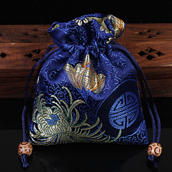 Blue Chinese Style Flower Pattern Satin Jewelry Packing Pouches, Drawstring Gift Bags, Rectangle, Blue, 14x11cm