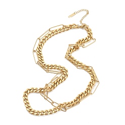 Golden 304 Stainless Steel Double Layer Necklaces, with Paperclip Chains & Curb Chains, Golden, 16.73 inch(42.5cm)