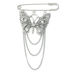 Antique Silver & Platinum Butterfly Tibetan Style Alloy Rhinestone Charm Safety Pin Brooch, Iron Kilt Pin, Antique Silver & Platinum, 130x76mm