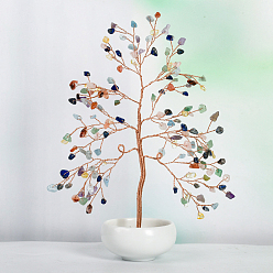 Mixed Stone Undyed Natural Gemstone Chips Tree of Life Display Decorations, with Porcelain Bowls, Copper Wire Wrapped Feng Shui Ornament for Fortune, 145x205mm