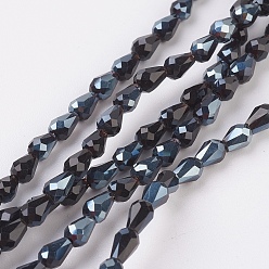 Hematite Plated Electroplate Imitation Jade Glass Beads Strands, Half Plated, Faceted, teardrop, Black, Hematite Plated, 4.5x3mm, Hole: 1mm, about 100pcs/strand, 17.3 inch