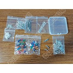 Antique Silver & Silver DIY Jewelry Making Finding Kit, Including Glass Beads, Alloy Beads & Lobster Claw Clasps & Bead Caps, Iron Bead Caps & Pins, Brass Head Pins, Antique Silver & Silver, Glass Beads: 45pcs/box