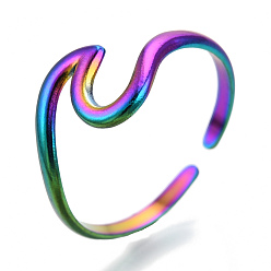 Rainbow Color 304 Stainless Steel Sea Wave Cuff Rings, Open Rings for Women Girls, Rainbow Color, US Size 7(17.9mm)