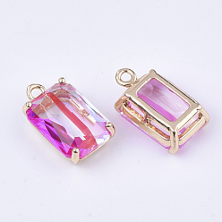 Deep Pink Transparent Glass Pendants, with Brass Findings, Faceted, Rectangle, AB Color Plated, Light Gold, Deep Pink, 17.5x10x6.5mm, Hole: 1.6mm
