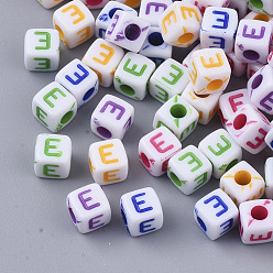 Letter E White Opaque Acrylic Beads, Horizontal Hole, Cube with Mixed Color Letter, Letter.E, 5x5x5mm, Hole: 2mm, about 5000pcs/500g