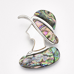 Colorful Mixed Shell Brooches/Pendants, with Alloy Findings and Resin Bottom, Woman, Platinum, Colorful, 53x39x10.5mm, Hole: 6x5mm, Pin: 0.6mm