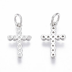 Real Platinum Plated Brass Micro Pave Cubic Zirconia Tiny Cross Charms, with Jump Ring, Nickel Free, Clear, Real Platinum Plated, 14x8.5x1.5mm, Hole: 3mm