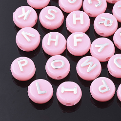 Pink Plating Opaque Acrylic Beads, Metal Enlaced, Horizontal Hole, Flat Round with Letter, Pink, 10x6mm, Hole: 1.8mm, about 1580pcs/500g