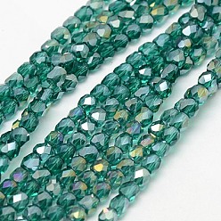 Dark Cyan Electroplate Glass Beads Strands, AB Color Plated, Faceted, Cube, Dark Cyan, 4x4x4mm, Hole: 1mm, about 100pcs/strand, 15.7 inch