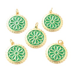 Green Real 18K Gold Plated Brass Pendants, with Enamel, Long-Lasting Plated, Flat Round with Flower, Green, 22.5x19.5x2mm, Jump Ring: 5x1mm, 3mm Inner Diameter