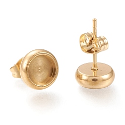 Golden Ion Plating(IP) 304 Stainless Steel Stud Earring Settings, with Ear Nuts, Flat Round, Golden, Tray: 6mm, 9mm, Pin: 0.8mm