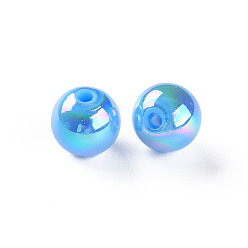 Deep Sky Blue Opaque Acrylic Beads, AB Color Plated, Round, Deep Sky Blue, 10x9mm, Hole: 2mm, about 940pcs/500g