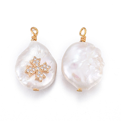 Clear Natural Cultured Freshwater Pearl Pendants, with Brass Micro Pave Cubic Zirconia Findings, Nuggets with Cross, Golden, Clear, 17~26x11~16x5~11mm, Hole: 1.6~2mm