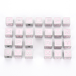 Letter A~Z 304 Stainless Steel Beads, with Enamel, Pink, Cube with Letter, Stainless Steel Color, Letter A~Z, 7x7x7mm, Hole: 2mm