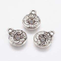 Antique Silver Alloy Charms, Disc with Dragon, Antique Silver, 15x12x2.5mm, Hole: 2mm