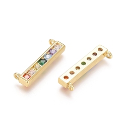 Golden Brass Micro Pave Cubic Zirconia Pendants, Rectangle, Colorful, Golden, 6x20x2.5mm, Hole: 1.2mm