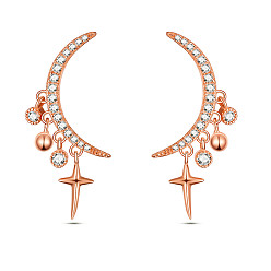 Rose Gold SHEGRACE Brass Dangle Stud Earrings, Asymmetrical Earrings, with 925 Sterling Silver Pins and Grade AAA Cubic Zirconia, Moon with Star, Rose Gold, 29x12mm