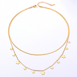 Chapado en Oro Real 18K Cadenas de cable y espiga de acero inoxidable, collares de doble capa., con encantos estrella, real 18 k chapado en oro, 15-3/4 pulgada (40 cm)