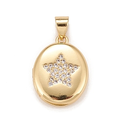 Clear Brass Micro Pave Cubic Zirconia Locket Pendants, Photo Frame Charms for Necklaces, Real 18K Gold Plated, Lead Free & Cadmium Free, Oval with Star, Clear, 18.5x13.5x4.5mm, Hole: 4x3mm, Inner Diameter: 12x9mm