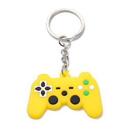Yellow PVC Game Controller Keychain, with Platinum Iron Ring Findings, Yellow, 8.05cm
