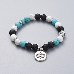Lava Rock Buddhist Theme Synthetic Turquoise, Natural Lava Rock, Howlite Round Beads Stretch Bracelets, with Tibetan Style Alloy Flat Round Pendants and Beads, Lotus, 2-1/8 inch(5.5cm)