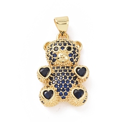 Blue Brass Cubic Zirconia Pendants, Golden, Bear with Heart Charm, Blue, 23x15x4mm, Hole: 4X5mm
