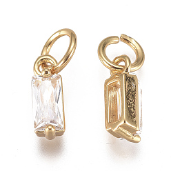 Clear Brass Micro Pave Cubic Zirconia Charms, Long-Lasting Plated, with Jump Ring, Real 18K Gold Plated, Rectangle, Clear, 10x3x3mm, Hole: 3mm