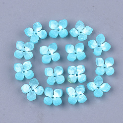 Cielo Azul Tapas de cuentas de acetato de celulosa (resina), 4-pétalo, flor, el cielo azul, 14x14x6 mm, agujero: 1.2 mm