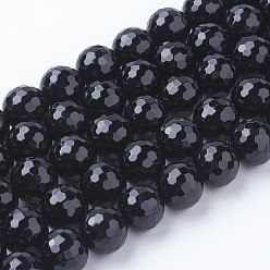 Black Natural Black Onyx Beads Strands, Dyed, Faceted Round, Black, 10mm, Hole: 1mm