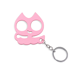 Pink Alloy Cat Head Shape Defense Keychain, Window Glass Breaker Charm Keychain with Iron Findings, Pink, 60x53mm