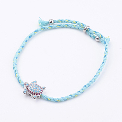 Light Blue Braided Nylon Cord Bracelets, with Brass Micro Pave Cubic Zirconia Slide Charms, Lead Free & Cadmium Free, Tortoise, Real Platinum Plated, Light Blue, 9-7/8 inch~10-1/4 inch(250~260mm)