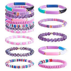 Pourpre Ensemble de bracelets extensibles en jaspe impérial synthétique et perles de verre de style pcs 8, bracelets heishi surfeur en pâte polymère, bracelets épais en tube incurvé en acrylique pour femmes, pourpre, diamètre intérieur: 6 pouce (2-1/8 cm)