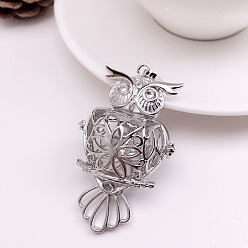 Platinum Brass Bead Cage Pendants, for Chime Ball Pendant Necklaces Making, Hollow Owl Charm, Platinum, 60x29mm